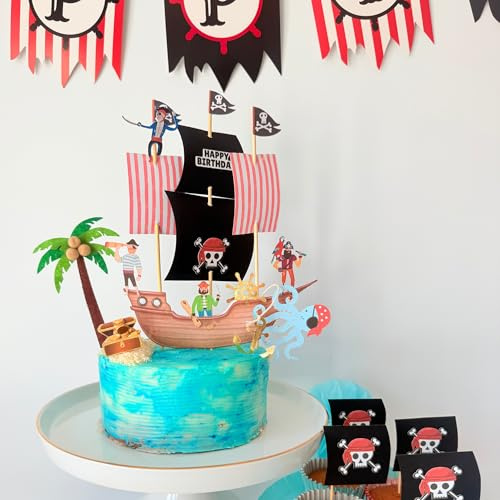 100% handmade print on 300gsm card specially designed Pirate Ship Birthday Cake Topper Decoration Set, Ocean Theme with Treasure box, Black Flags and Figurines