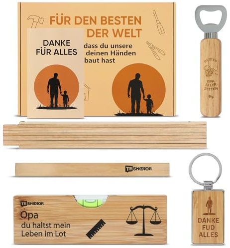 Geschenkset für Opa – 6-teiliges Werkzeug Geschenkset mit Zollstock, Flaschenöffner, Bleistift, Schlüsselanhänger, Wasserwaage und Grußkarte – Persönliches Geschenk für Großvater zu Geburtstag, Vatert