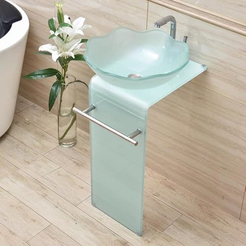 Aufsatzwaschbecken Aus Gehärtetem Glas Standwaschbecken Mit Wasserhahn Säulenwaschbecken Platzsparend Im Badezimmer(White-A)