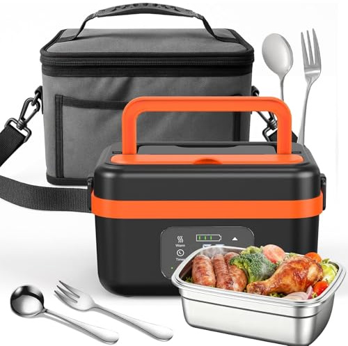 YOAOSER Electric Lunch Box,1L Large Capacity Heated Lunch Box with Touch Screen,Fast Heating Food Warmer,Portable Food Heater with Insulated Lunch Bag Spoon and Fork Suitable for Car Office (Orange)