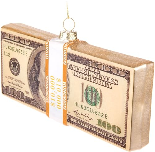 BRUBAKER Geldbündel Dollar Scheine - Handbemalte Weihnachtskugel aus Glas - 100er Geld Scheine als Christbaumschmuck Figur - Lustige Deko Anhänger - Mundgeblasene Baumkugel - 15 cm