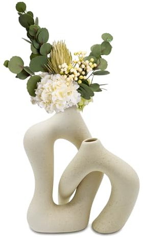 YTACREA Beige Keramik Vase, Moderne Blumenvase, Bohemian Vasen für Pampasgras, Frische Blumen, Trockenblumen, Deko Vase für Esstische, Wohnzimmer, Schlafzimmer