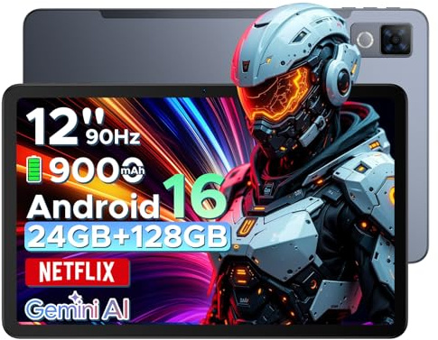 DOOGEETab U12 Android 16 Tablet, 12 Inch Tablet, FHD+(2000x1200) 90Hz Large Screen Gaming Tablets, 24GB+128GB (2TB), Gemini AI Octa-Core, 9000mAh/18W, Camera 13+8MP, Widevine L1, 2.4G/5G WiFi, Face ID