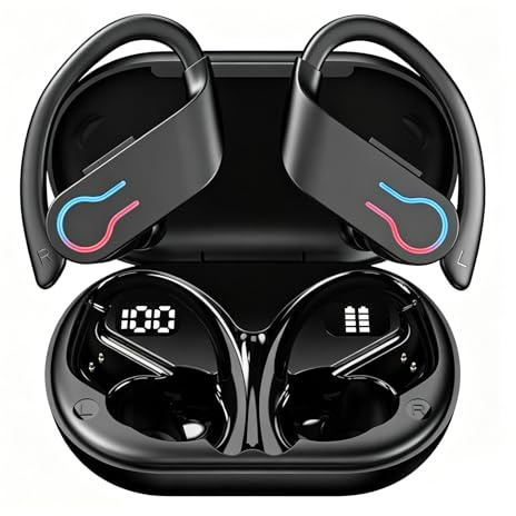 Auriculares Inalámbricos Bluetooth Deportivos con Gancho, 120H Batería | Bluetooth 5.4, 4 Mic ENC, Sonido HiFi 16.2mm, IPX7 Impermeables, Pantalla LED, USB-C para Running, Gimnasio y Entrenamiento