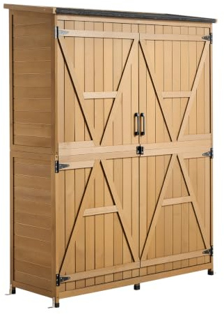 VEVOR Capanno da Giardino in Legno 125,5 x 162,5 cm Chiudibile a Chiave, Casetta da Esterno con Ante e Tetto Inclinato, Impermeabile, con Ripiani e Pavimento Inclusi, Colore Marrone, per Attrezzi