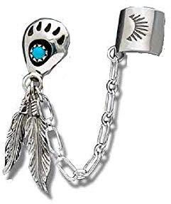 Indianerschmuck Ohrring Earcuff Türkis Bärentatze mit Silber Federn Westernschmuck USA Navajo Tribe