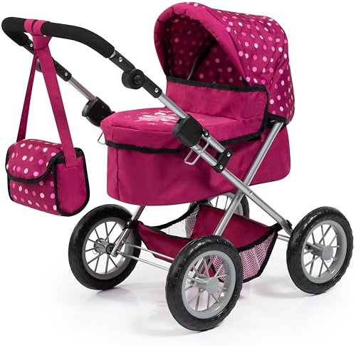 Bayer Design 13067AA Puppenwagen Trendy, mit Tasche, höhenverstellbarer Griff, große Räder, integrierter Korb, faltbar, Bordeaux, Rosa, Fee