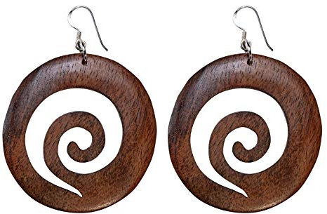 81stgeneration Frauen 925 Sterling Silber Holz Hölzern Große Runde Scheibe Kreis Spiral Ohrringe
