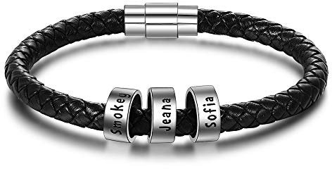 Personalised Leather Mens or Womens Bracelets Silver Name Rhoidum Beads Charm Bracelet for Dad Hand Stamped Engraved 3 Name ID Identity Braid Rope Bracelet Customised Father Grandad Birthday