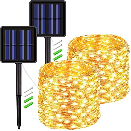Solar String Lights Outdoor, 2 * 10M 200 LED Copper Wire Fairy Lights, 8 Modes Waterproof Xmas Lights for Garden Party Christmas Tree Decorations, Warm White