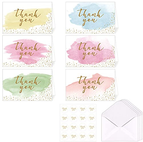 Thank You Greeting Cards, Pack of 12 Blank Gold Foiled Watercolour Postcards With 12 Stickers, Used for Birthday, Wedding, Business, Mothers, Fathers, Friends Thank You Cards