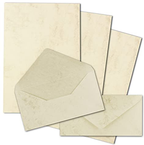 50x Briefpapier Set DIN A4 mit DIN Lang Briefumschlägen, Nassklebung - Chamois Marmoriert (Cremefarben) - mattes Schreibpapier mit Kuverts - FarbenFroh by GUSTAV NEUSER