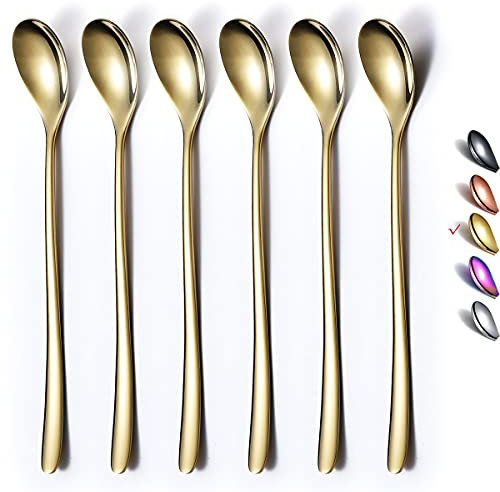 HOMQUEN Cuchara Dorada De Mango Largo, Agitador De Café, Cuchara De Café De Acero Inoxidable Premium, Cuchara De Té Helado, Cuchara De Helado, Cuchara Agitadora De Cóctel, Juego De 6 (Dorado)