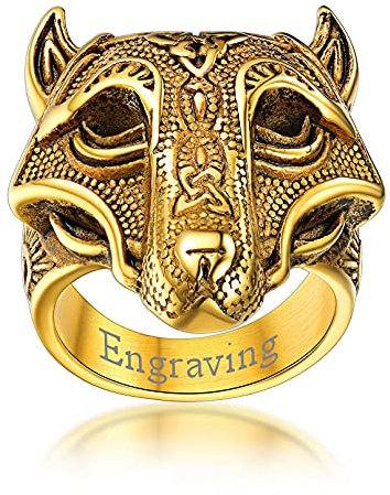 FaithHeart Herren Männer Ring Vintag Wolfskopf mit Keltischer Knot Fingerring Viking Statement Fingerring Siegelrring Partnerring mit Gravur Freundschaftsring