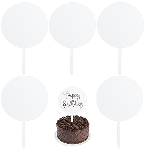 VEGCOO 5 Pcs Blank Acrylic Cake Toppers, Round Cupcake Toppers, Blank Cake Topper Sticks for Birthday Party Cake Wedding Decoration Kits for DIY Acrylic Cake Topper