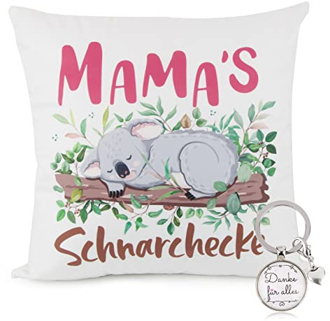BETESSIN 45 x 45cm Kissenbezug mit Lustige Sprüche Mama's Schnarchecke Kissenhülle mit Danke für Alles Schlüsselanhänger Mama Geschenk zum Geburtstag Muttertag Weihnachten usw.