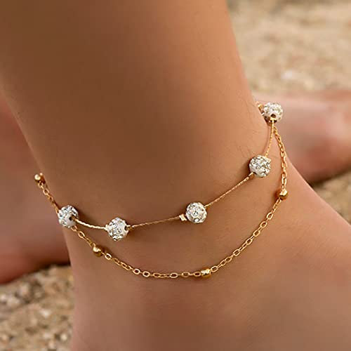 Zoestar Boho-Fußkettchen mit zwei Kristallen, Gold, Strass, Fußkettchen, Perlen, Fußkette, Schmuck für Damen und Mädchen