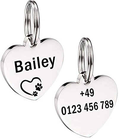 Herz Hundemarke mit Gravur Hundeanhänger Adressanhänger Tiermarke aus Edelstahl Personalisiert ID Tag Namensschild für Halsband mit Name, Symbol und Telefonnummer (L, Silber)