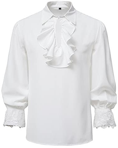 Camicia Uomo Rinascimentale Manica Lunga Steampunk Vittoriano Jabot Collare Medievale Pirata Costume-Bianco-XL