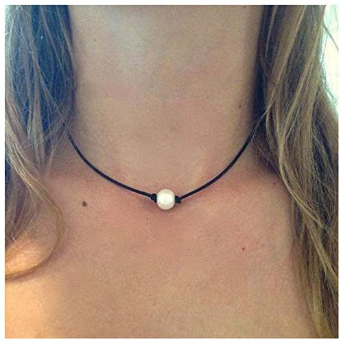 Allereya Collier ras du cou à perle unique Collier cordon en cuir noir Collier ras du cou perlé Collier en cuir perlé Bijoux pour femmes et filles (perle unique)