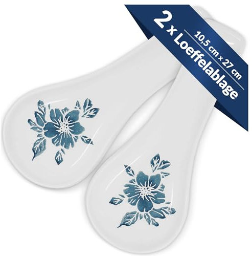 Lashuma 2x Kochlöffelablagen 27x10 cm, Löffel Untersetzer blau Enzian, Löffelhalter Keramik