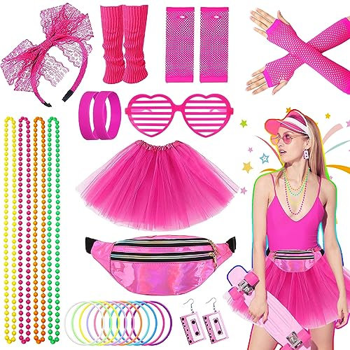 26PCS Déguisement Année 80 Accessoire Femme,Disco 80 90 Costume Vetement Fête Fluo avec Tutu Sac Banane Serre-tête Boucles Colliers Bracelets Gants Jambières Lunettes pour Noël Soirée Carnaval (Rose)