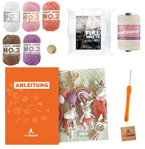 myboshi Häkelset-Bundle Spielzeug Nele, Kuscheltier, Schmusetuch, Greifling, Mobile, inkl. No.2 Wolle, Nadel und Anleitung, Label, 85% Baumwolle, 15% Kapok Rosa mit Häkelnadel