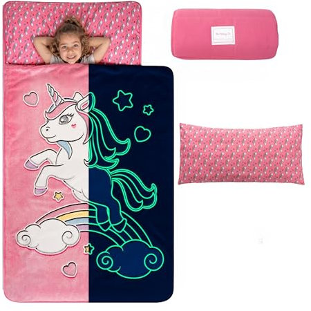 Gleam Dream Schlafmatte für Kinder, leuchtet im Dunkeln: Schlafmatten für Vorschule, Kleinkindschlafsack mit Kissen und Decke, lustige Dinosaurier- und Einhorn-Designs, Alter 2–8 Jahre