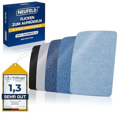 NEUFELD® Bügelflicken [15 Stück] - 5 Farben - Zum Aufbügeln Innen und Außen - Hochwertige Jeans Flicken