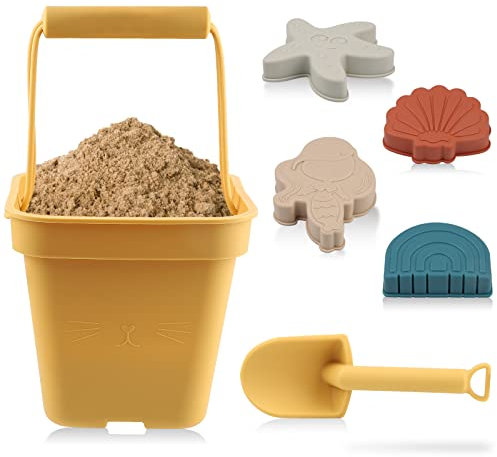 SWAWIS 6 Pecices Weich Silikon Sand Spielzeug Set für Kleinkinder Jungen Mädchen, Sand Eimer, Schaufel, Meerjungfrau, Seestern, Muschel, Regenbogen Sandkasten Strand Spielzeug Outdoor-Spiele,Gelb