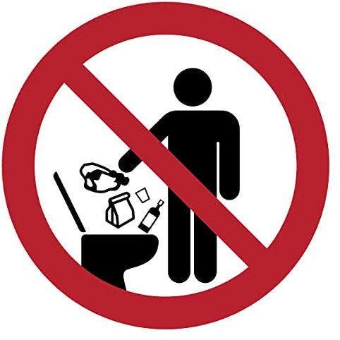 Autocollant Signalétique plastifié rond sticker résistant à l’eau NF ISO7010 - Adhésif laminé résistant aux UV - Interdit de jeter des objets dans les toilettes - Diamètre 10 cm