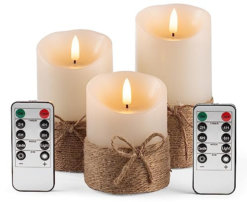 AKU TONPA Flameless Candles Battery Operated Pillar Real Wax Electric LED Candle Gift Set with Remote Control and Timer, 4 5 6 Pack of 3, Ivory Wax with Hemp Rope