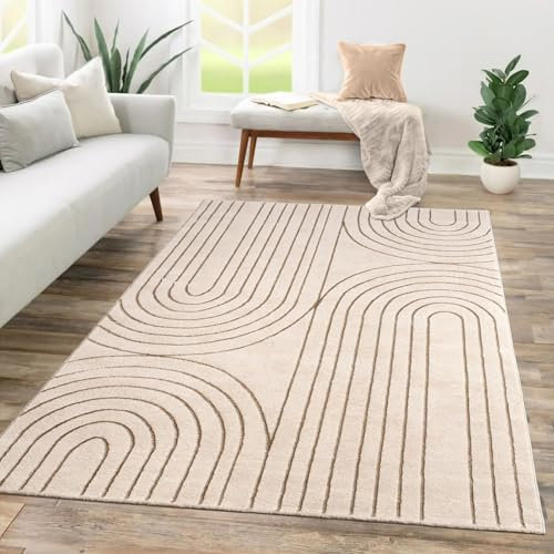 TT Home Wohnzimmer Teppich Kurzflor Geometrisches Design Abstrakte Optik, Farbe:Creme, Größe:200x290 cm