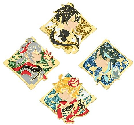 Genshin Figur Metall Anstecker, 4 Herren Damen Abzeichen Schmuck, Anime Figur Genshin Zhongli Tartaglia Cosplay Zubehör
