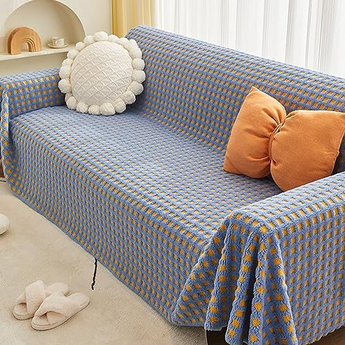 Homxi Big Sofa Überzug 4 Sitzer,180x320CM,Sofahusse Universal Quadratisches Muster Überzug Sofa Plüsch Sofa-Handtuch Blau Sofabezug Sitzer