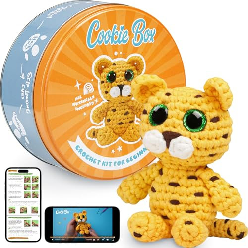 Cookie Box Häkeln-Kit für Anfänger - Lerne, Amigurumi Plüschtiere zu Häkeln - Geschenk für Kinder (ab 12) & Erwachsene - Anfängerfreundliches Garn mit Video-Tutorial - Leo