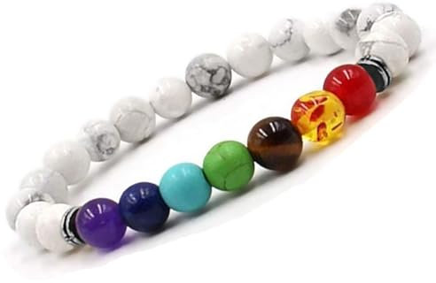Bracelet pierre perles véritable de 8 mm AA + fleur de vie et un pochon cadeau Offert. Un véritable bijoux naturelle - idée cadeau de noel originale lithotherapie (7 Chakras Howlite)