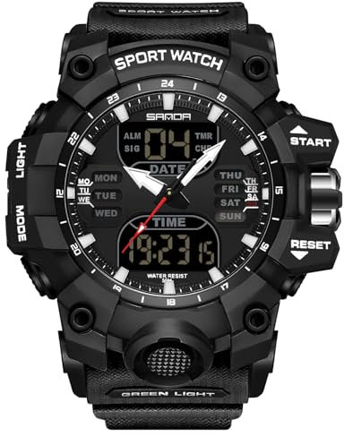 rorios Herren Militär Armbanduhr Mode Sport Uhren Multifunktional Elektronische Uhr Digital Analog Quarz Uhr Dual Display Uhr für Jungen Männer 50M wasserdichte Schwarz B