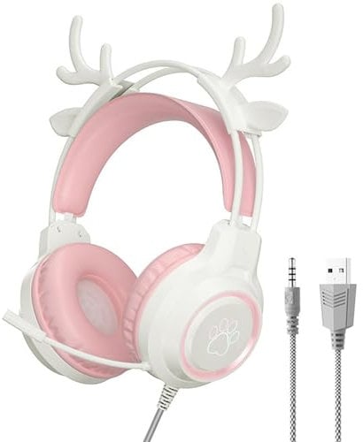 HWYYLXS Stereo Gaming Headset, 3.5mm Noise Canceling Deer Ear Headphones With Microphone, Led Light, Bass Surround For Ps4 Pc Xbox One Ps5 Laptop,Pink