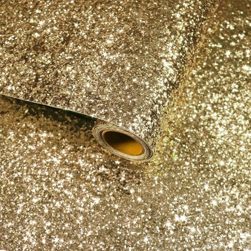 VaryFloral Champagne Sparkle Self Adhesive Wallpaper 30cmx300cm Chunky Glitter Contact Paper Glitter Sequin Vintage Wallpaper Gold Textured Wallpaper Vinyl Wrap for Furniture Bedroom Dresser Cabinet