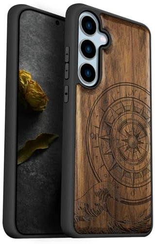 Carveit Natürlich Holz Handyhülle für Samsung S24 FE hulle [Einzigartiges Design Cover] Stoßstange Case Kompatibel mit Galaxy S24 FE Hülle（Nussbaum-Der Kompass vor Kanagawa Waves）