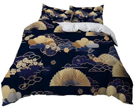 Navy Blue Duvet Cover 135x200 cm Bedding Duvet Cover Set 3D Print Japanese Cherry Blossom Fan Quilt Cover Single Double King Size Microfibre Duvet Cover Set with Pillowcases, for Boys Girls