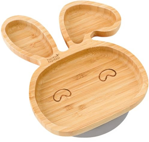 bamboo bamboo Baby Teller Kinderteller, Kindergeschirr mit Saugnapf, Sugnapf Teller Baby ab 6 Monaten (Hase, Grau)