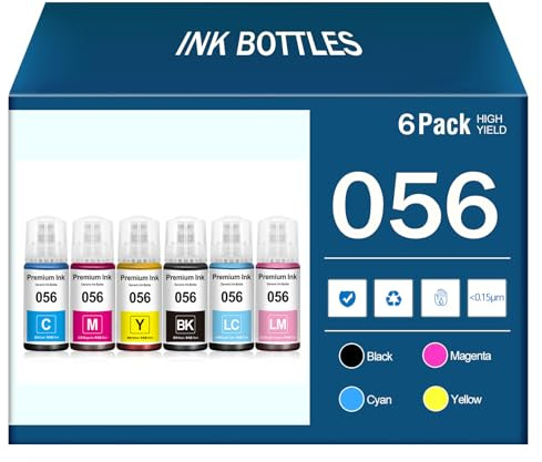 CMADJT 6 Stück 056 Tintenflaschen-Sets als Ersatz für Epson L8058 L18058 L8050 Drucker, Nachfülltinte, Schwarz, Gelb, Cyan, Magenta, Hell-Cyan, Hell-Magenta, 70 ml,6 Color-1 Set