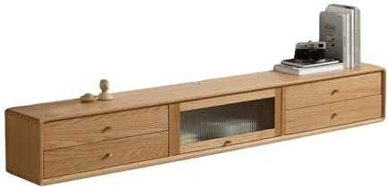 WQQYU6HKF TV Table ﻿Wall-mounted Floating TV Stand, Oak Floating TV Unit, Double Tier Drawer and Flip-down Glass Door, Modern Media Console Under TVs, Space Saving TV Stand(1800x250x250)
