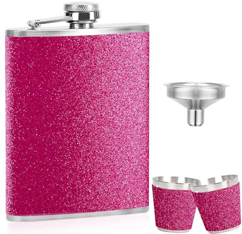 Flachmann Frauen, Edelstahl Flachmann Glitzer Whisky Alkohol Tragbar Flachmänner Klein 8oz/240ml Hip Flask mit 1 Trichter 2 Schnapsglas für Reisen Party Schenken
