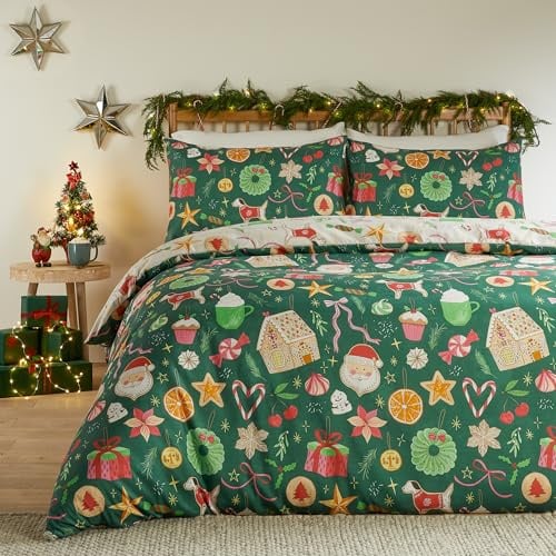 furn. Duvet Day Festive Treats Bettwäsche Set (Smaragdgrün - King Size) | Soft Touch Wendbare Festliche Weihnachtskekse Pflegeleichte Bettwäsche
