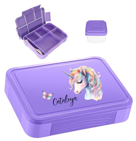 minimutz Brotdose personalisiert, Brotzeitdose Kinder mit vielen Fächern, Lunch Box mit Name BPA-frei auslaufsicher, Bento Box Set mit buntem Aufdruck Einhorn (lila)