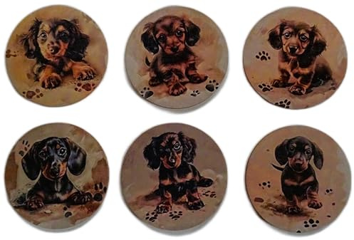 6er Set Untersetzer Dackel Welpe Hund 10 cm Ø Holzuntersetzer Tisch Deko MU K327