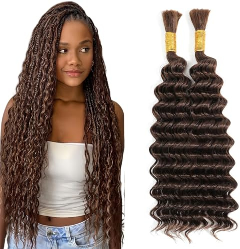 Tuheerst Human Hair Extensions For Boho Braids 28 28 Inch #4 Chocolate Brown Color Wet And Weft Deep Wave Bulk Human Hair Braiding For Woman 50g/Bundle Total 100g